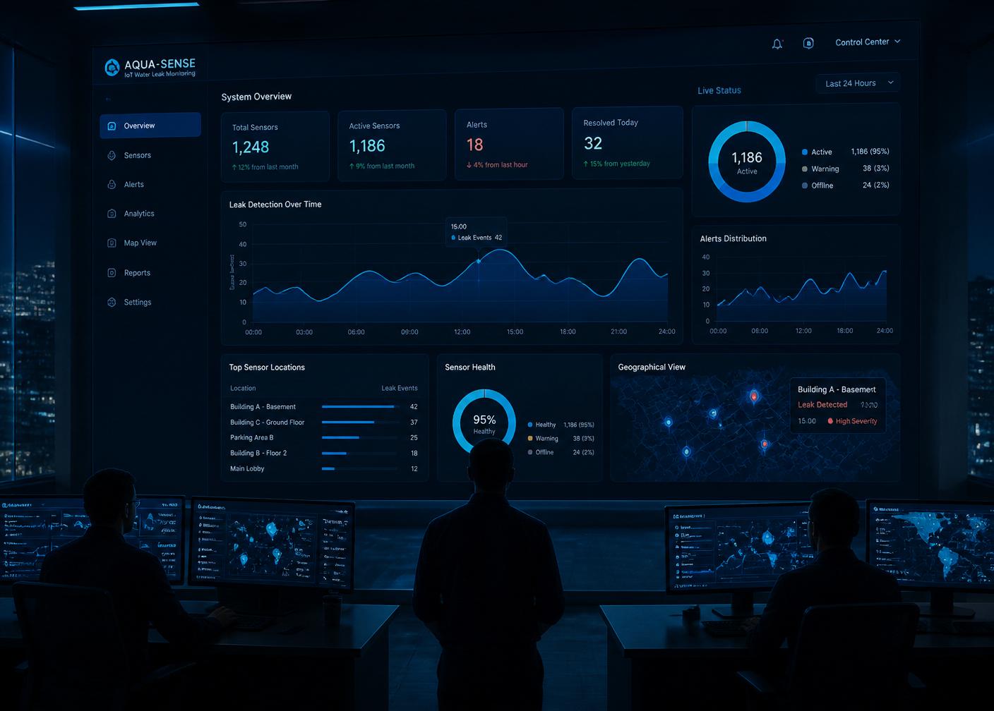 IoT monitoring dashboard in a hotel control room
